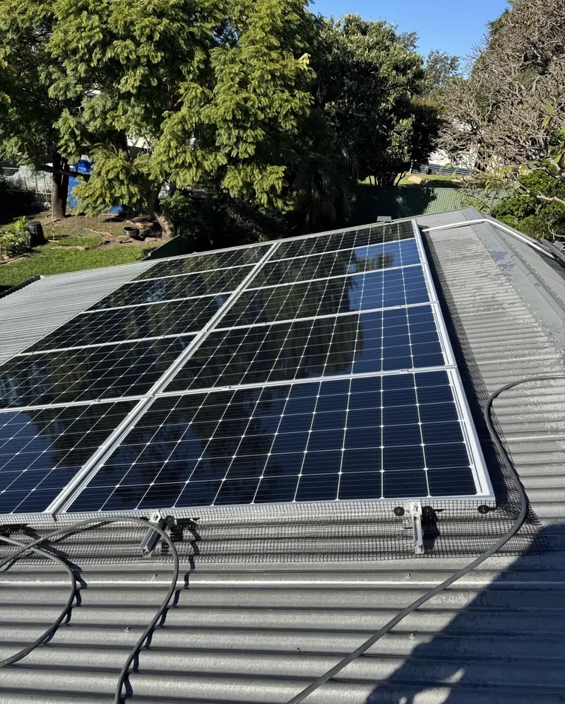 Solar panel bird proofing in Ashgrove: Black mesh clipped along solar panel edges on a grey corrugated metal roof beside leafy trees