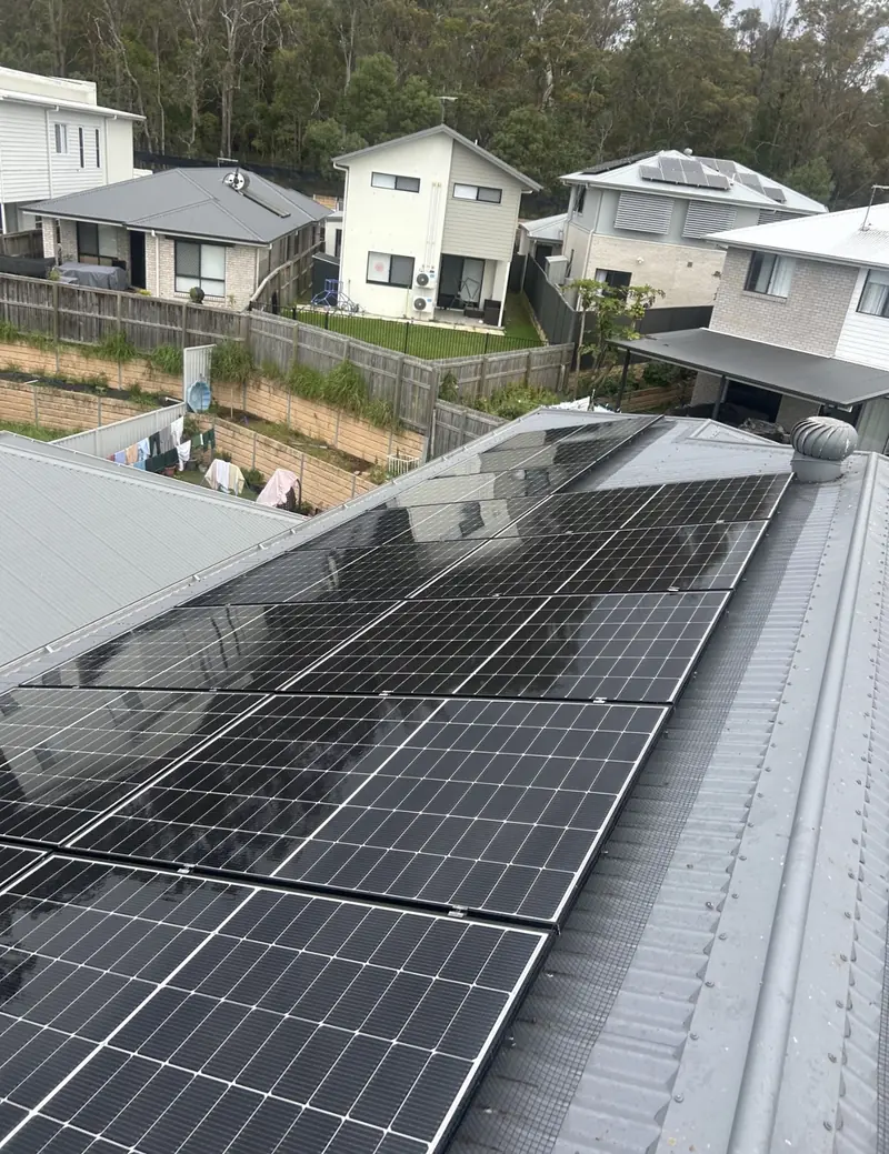 Solar panel bird proofing in Bellbird Park: Rain-wet black solar panels with mesh edging on a grey corrugated roof among neighbouring houses