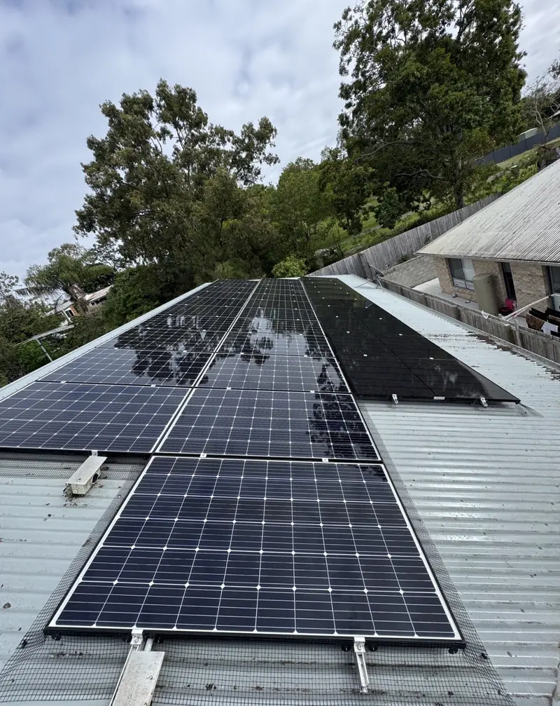 Solar panel bird proofing in Indooroopilly: Two solar arrays edged with bird mesh on a pale green corrugated roof under overcast sky