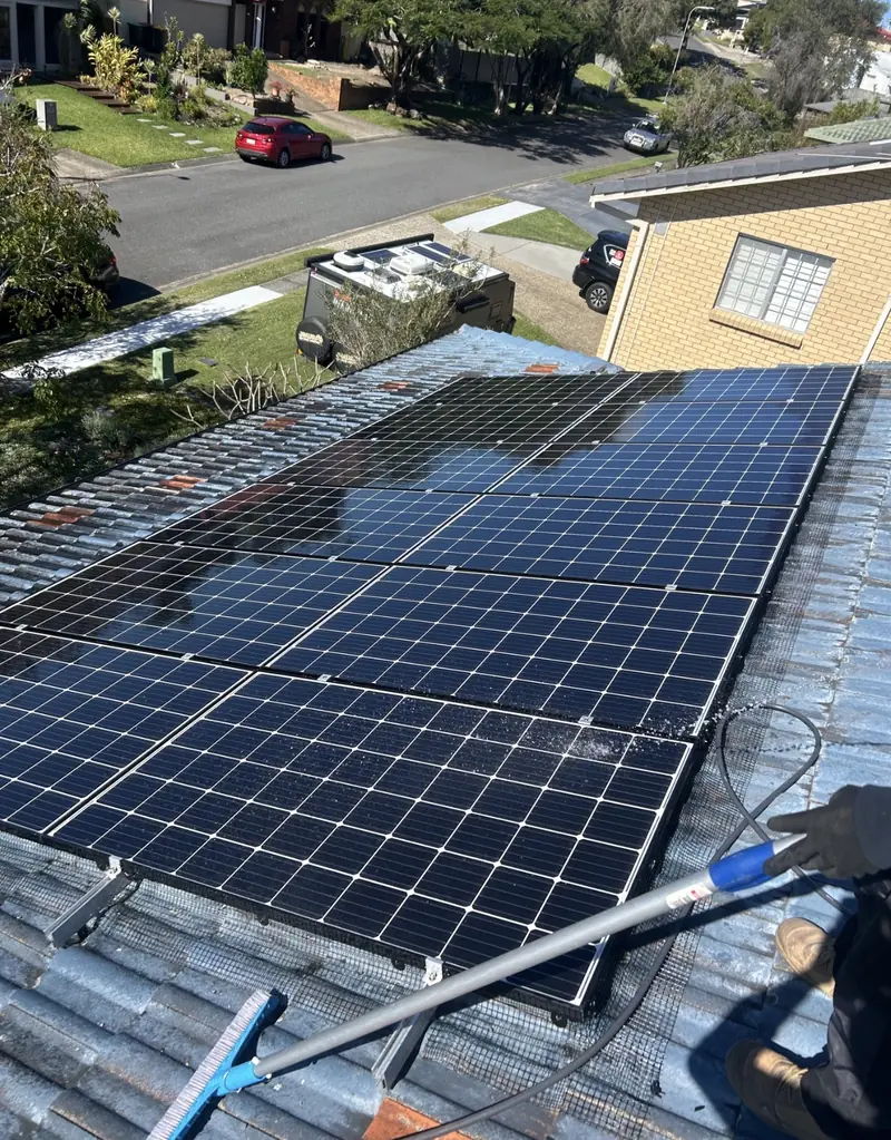 Solar panel bird proofing in Manly: Gloved worker holds a water-fed brush pole beside meshed solar panels on a weathered tile roof