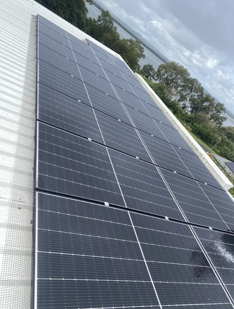 Solar panel bird proofing in Morningside: Solar array edged with wire mesh on a cream corrugated roof overlooking a lake and trees