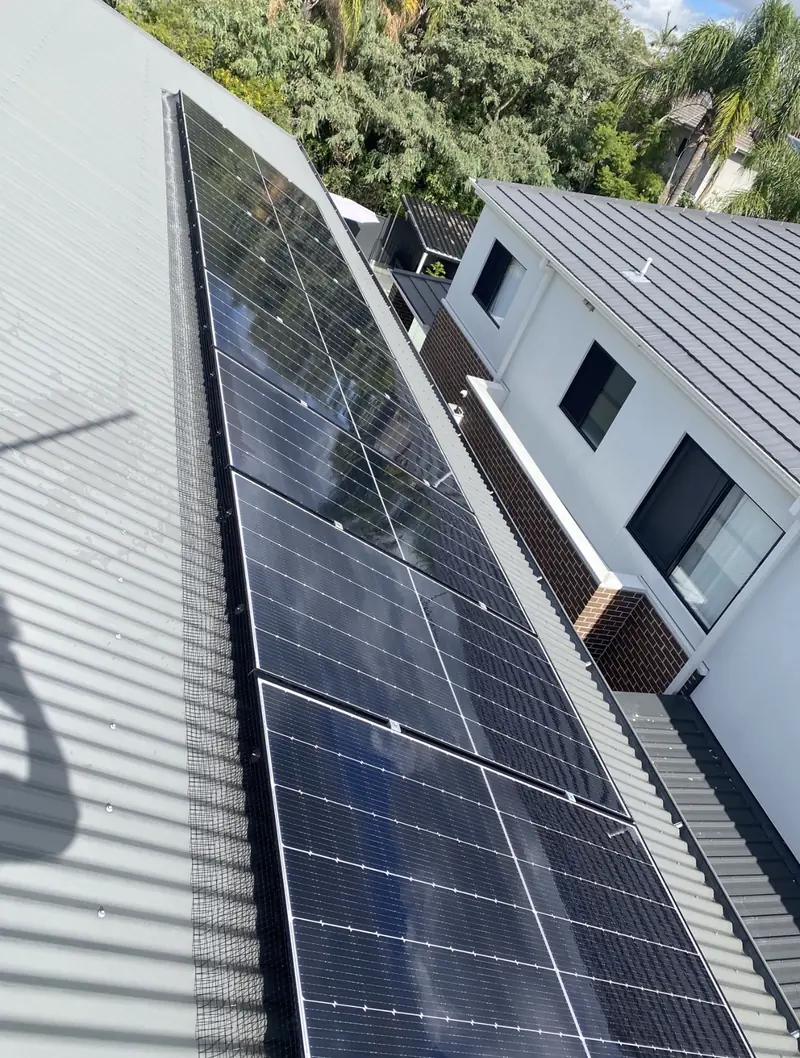 Solar panel bird proofing in Wynnum: Long row of solar panels with black mesh edging on a light grey corrugated metal roof